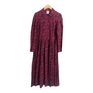 Laura Ashley Vintage Cotton Blend Long Sleeve Shirt Maxi Dress Dark Pink Floral Print UK Size 12-14