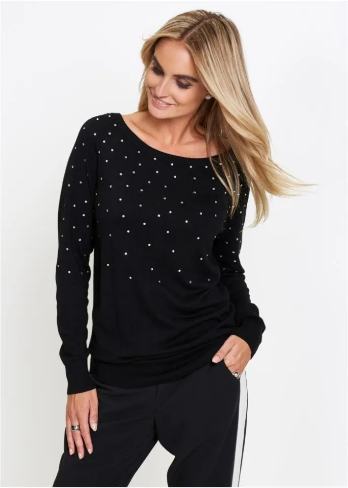 Long sweater with rhinestones Bpc Selection, black