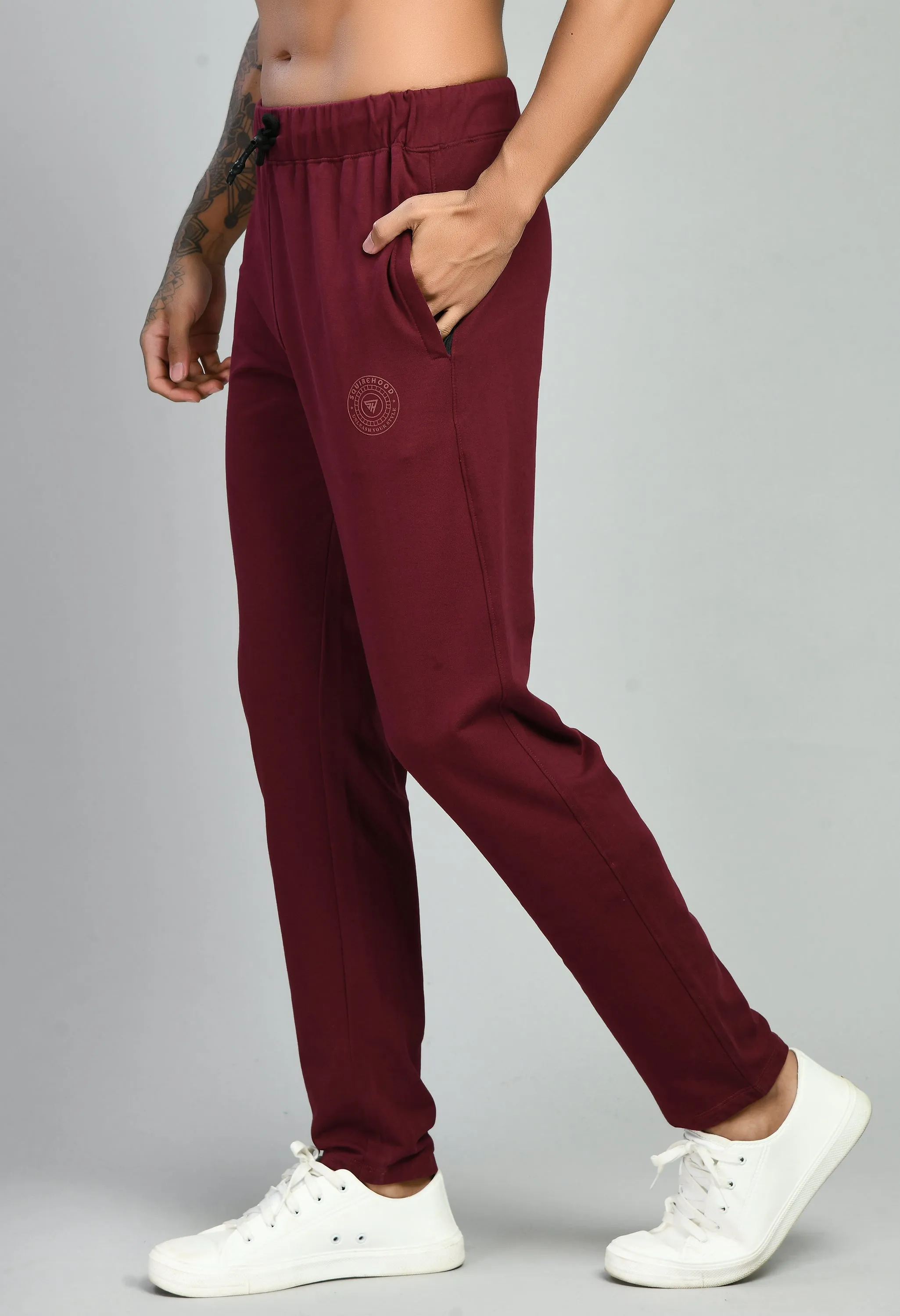 Men's Maroon Plain Lycra Terry Trousers