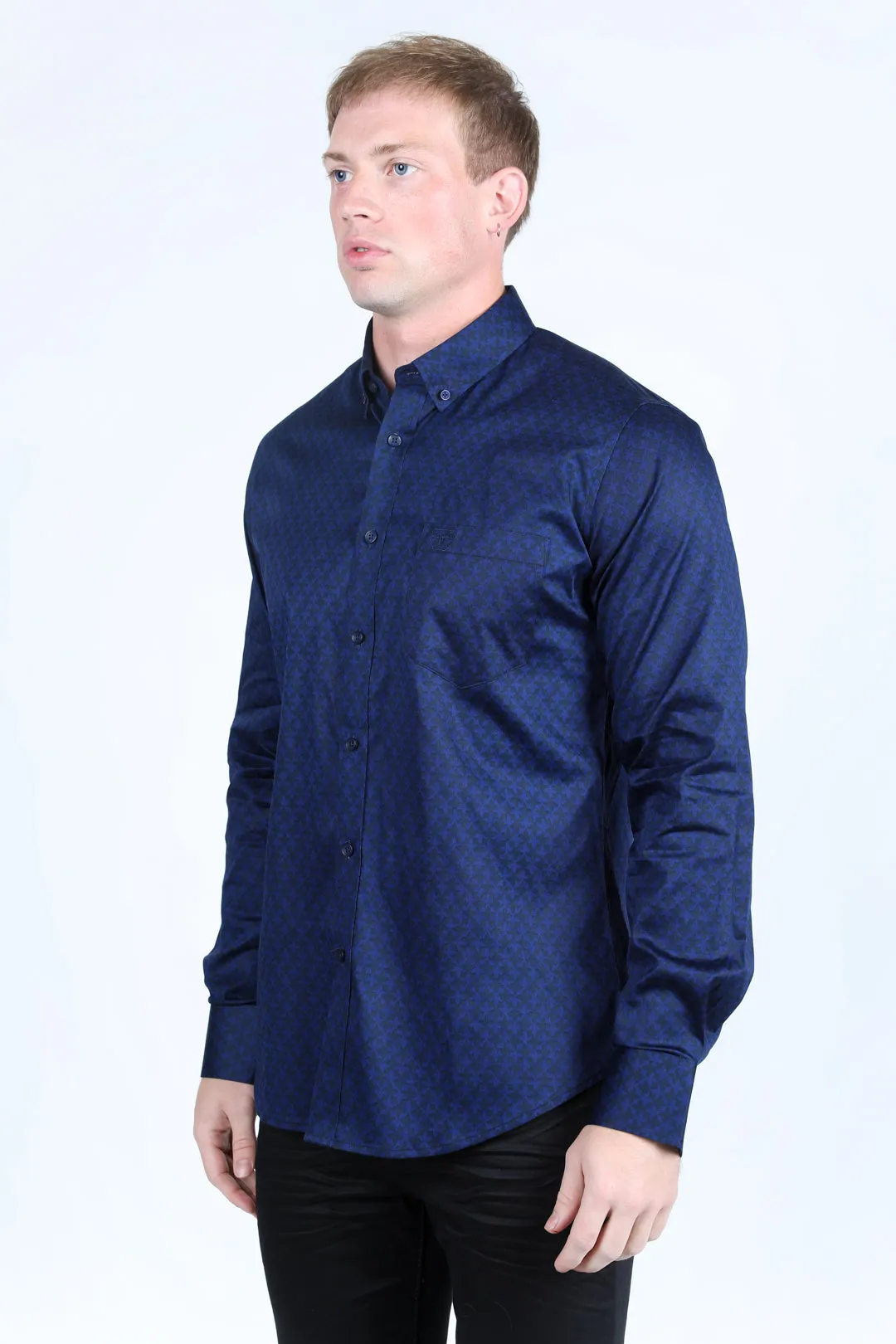 Mens Satin Cotton/Spandex Modern Fit Long Sleeve Shirt - Navy