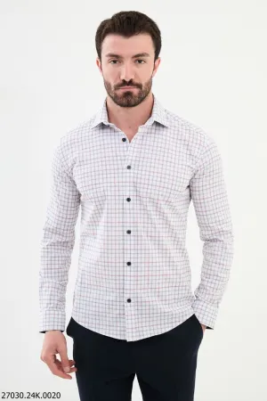 Men's White Checkered Shirt with Red and Navy Lines.