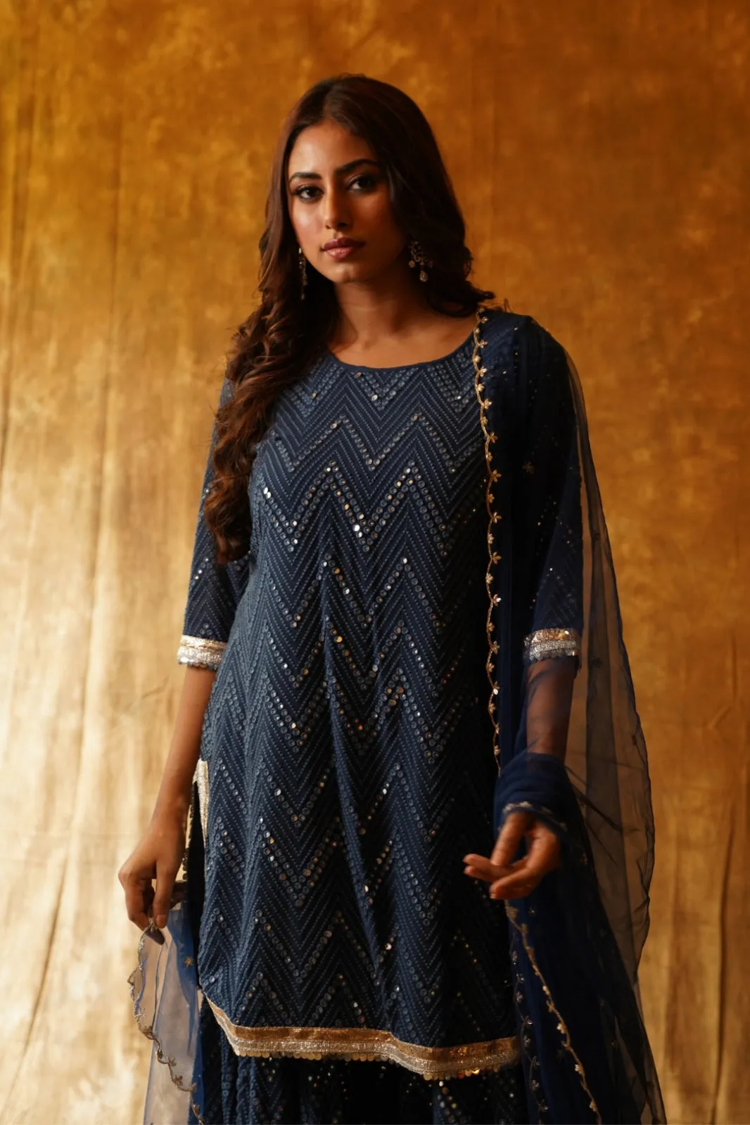 Mesmerizing Navy Blue Mirrorwork Sharara Set with Dupatta