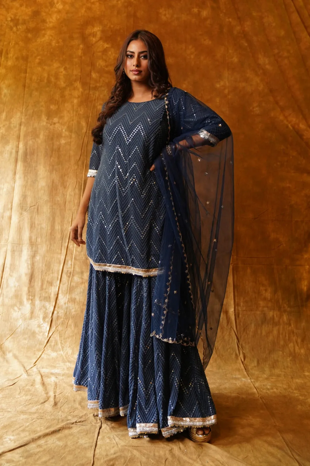 Mesmerizing Navy Blue Mirrorwork Sharara Set with Dupatta