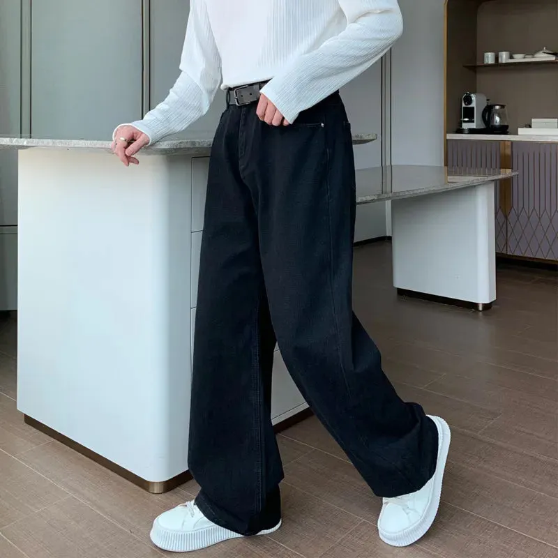 Minimalist Men's Jeans Droop Straight Washed Mopping Denim Pants Solid Color Wide Leg New Trousers Korean Style 9C6895