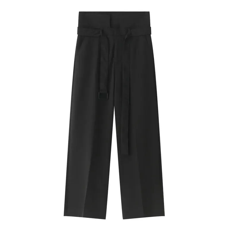 Minimalist Men's Suit Pants Casual Belt High Waist Solid Color Bottom Straight Wide Leg Loose Male Trousers Autumn 9S8