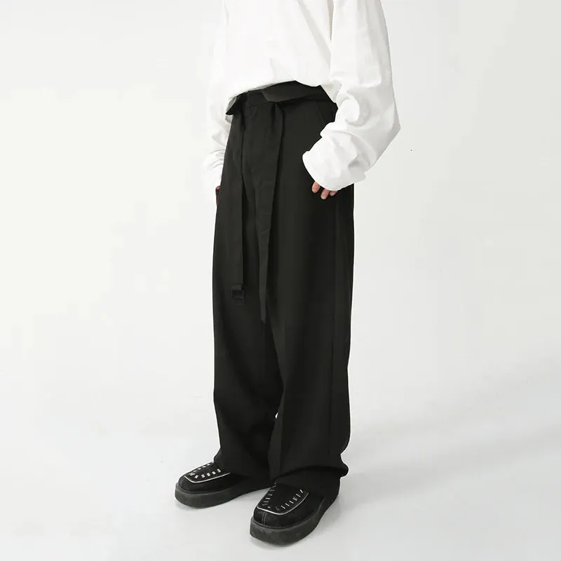 Minimalist Men's Suit Pants Casual Belt High Waist Solid Color Bottom Straight Wide Leg Loose Male Trousers Autumn 9S8