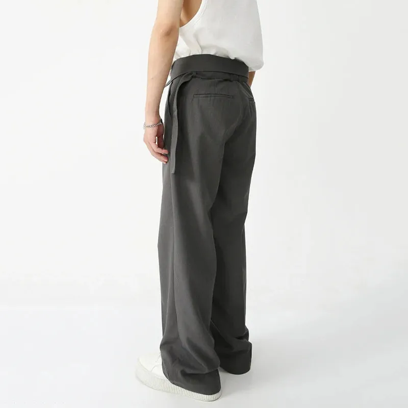 Minimalist Men's Suit Pants Casual Belt High Waist Solid Color Bottom Straight Wide Leg Loose Male Trousers Autumn 9S8