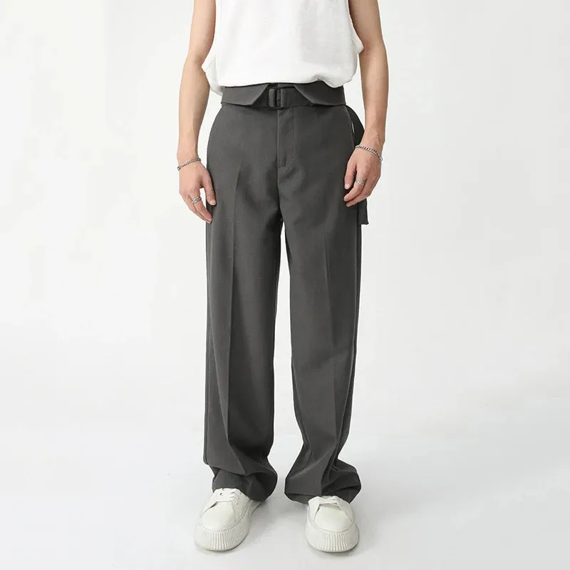 Minimalist Men's Suit Pants Casual Belt High Waist Solid Color Bottom Straight Wide Leg Loose Male Trousers Autumn 9S8