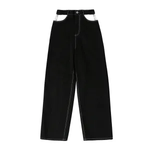 Minimalist Trousers For Women High Waist Patchwork Pocket Hollow Out Casual Loose Wide Leg Pants Female Fashion