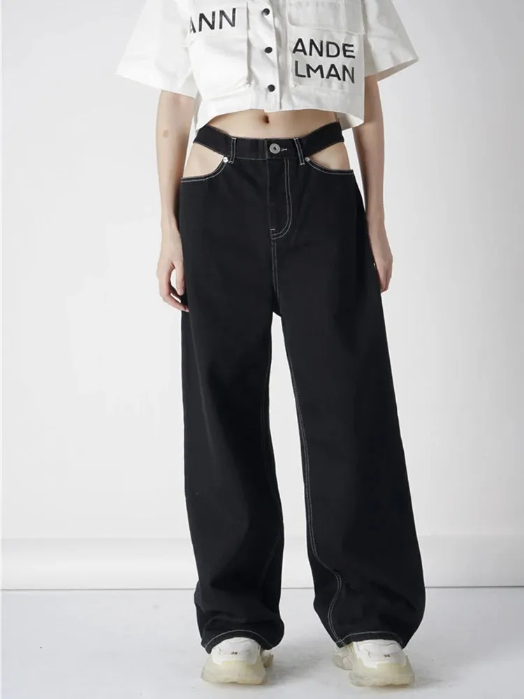 Minimalist Trousers For Women High Waist Patchwork Pocket Hollow Out Casual Loose Wide Leg Pants Female Fashion