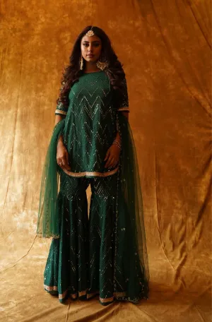 Mirrorwork Sharara Set & Dupatta - Emerald Green