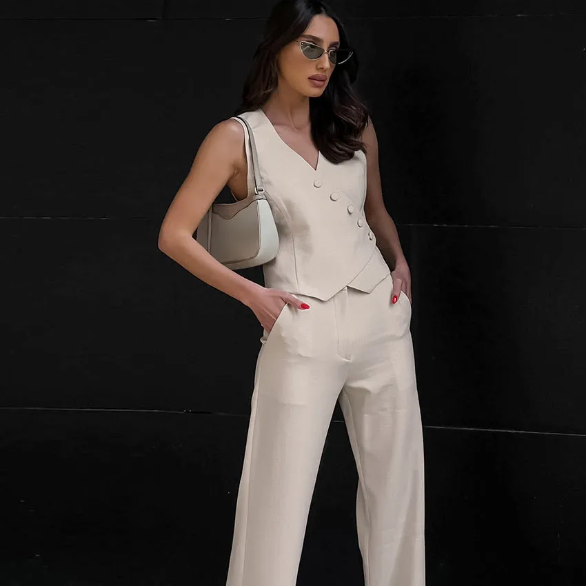 New Suit with Vest Cotton And Linen High Waist Straight Pants  ki