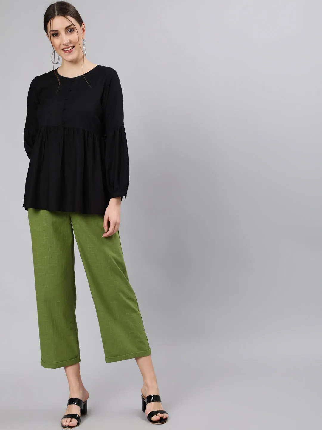 Olive Cotton Slub Straight High Rise Bottom-Fold Pants