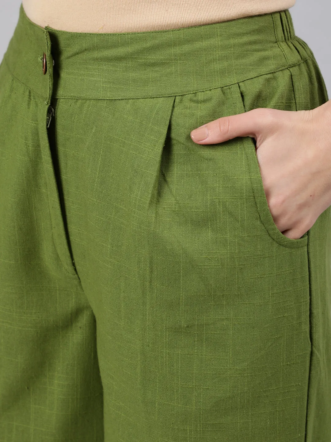 Olive Cotton Slub Straight High Rise Bottom-Fold Pants