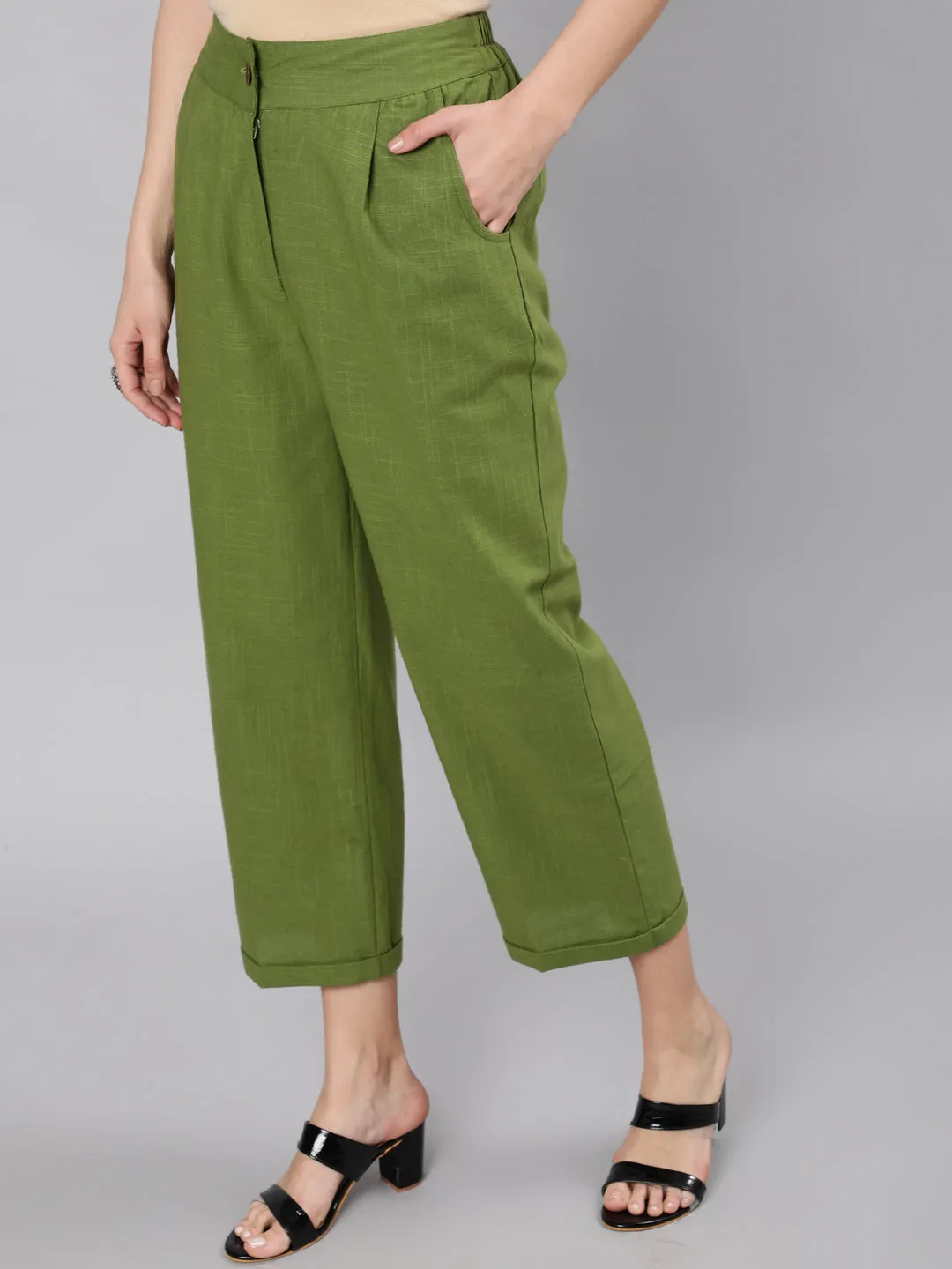 Olive Cotton Slub Straight High Rise Bottom-Fold Pants