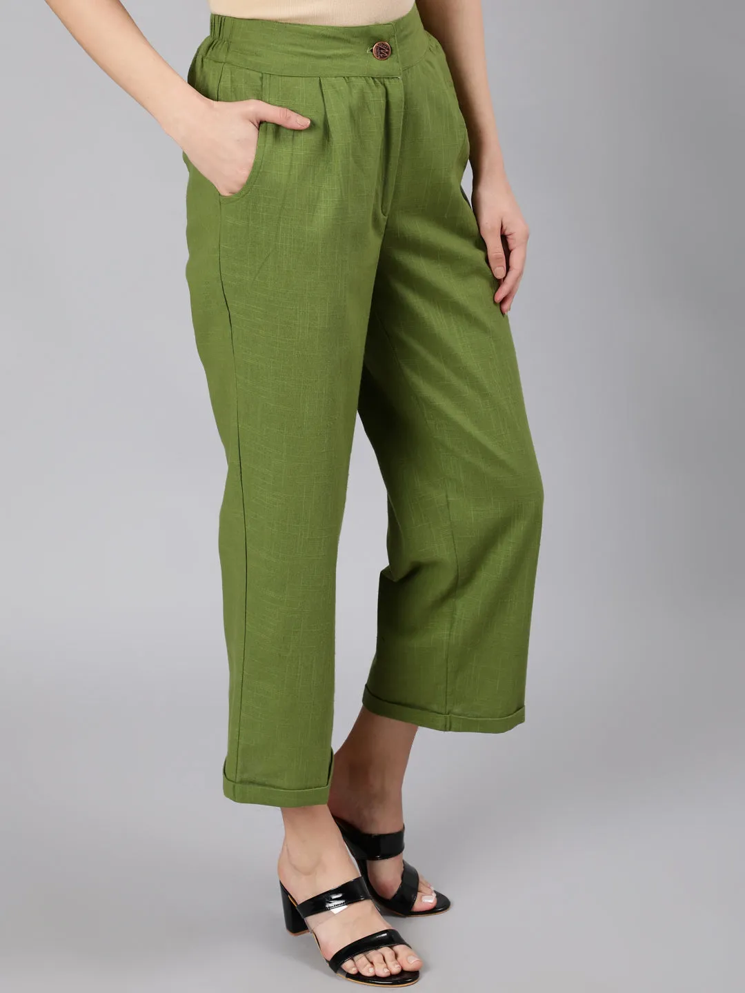 Olive Cotton Slub Straight High Rise Bottom-Fold Pants