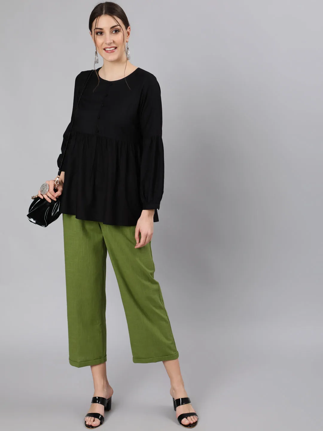 Olive Cotton Slub Straight High Rise Bottom-Fold Pants