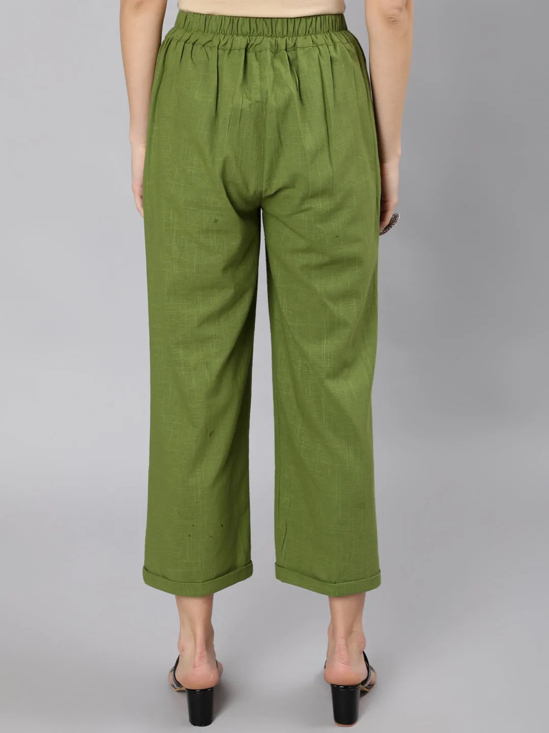 Olive Cotton Slub Straight High Rise Bottom-Fold Pants