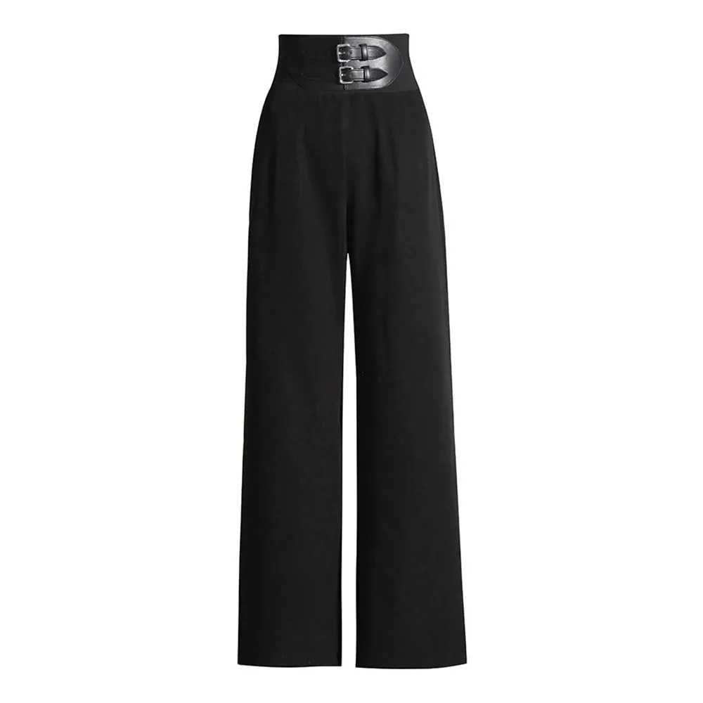 Patchwork Belt Solid Minimalist Floor Length Trousers For Women High Waist Casual Loose Wide Leg Pants Female Fashion