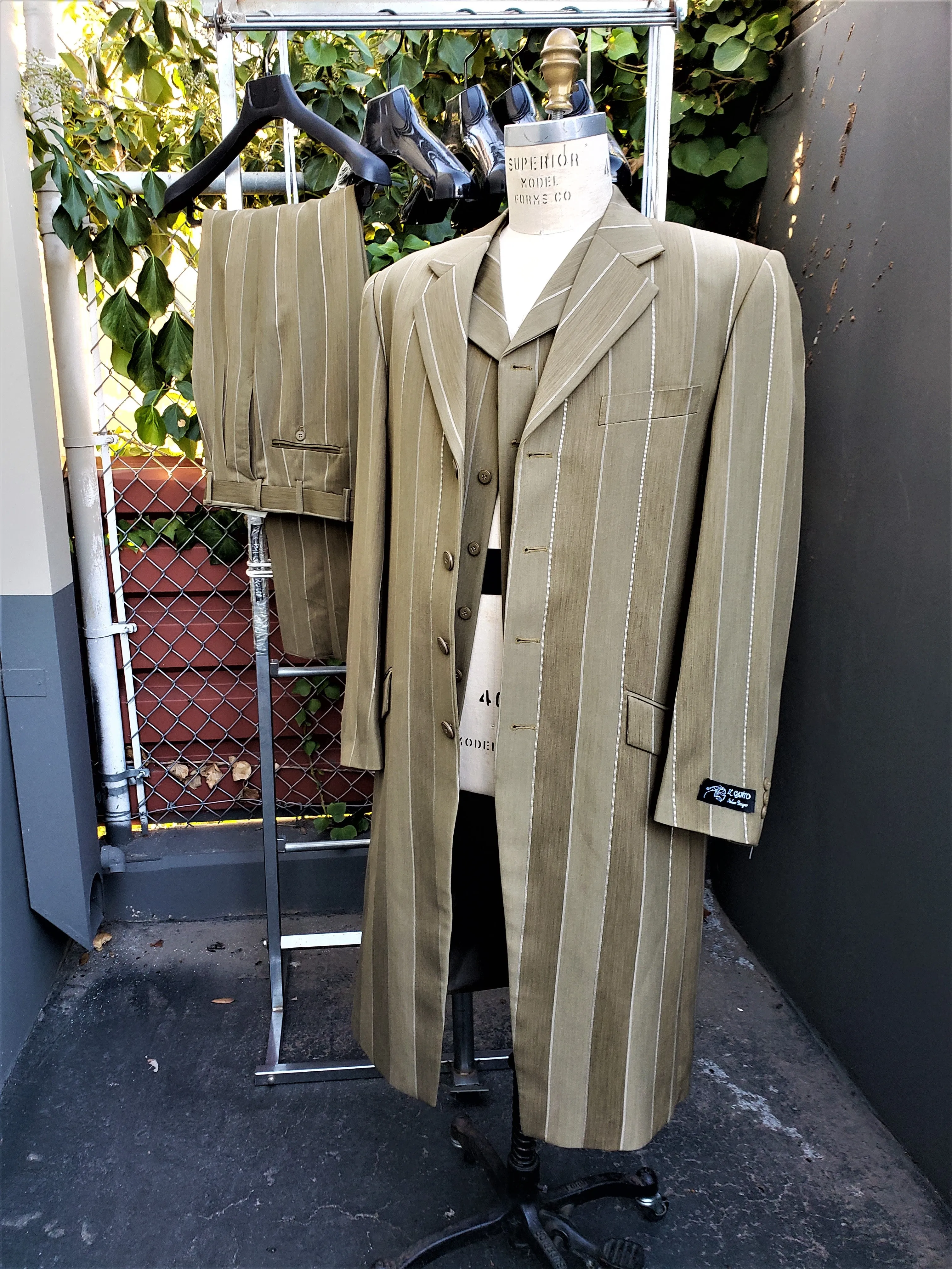 Pinstripe Stylish 3pc  Long Zoot Suit Set - Olive