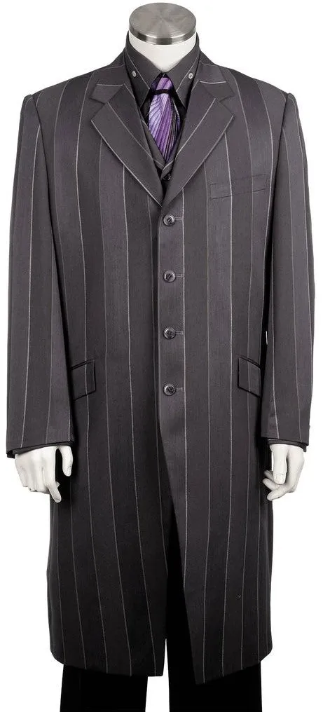 Pinstripe Stylish 3pc Long Zoot Suit Set - Silver