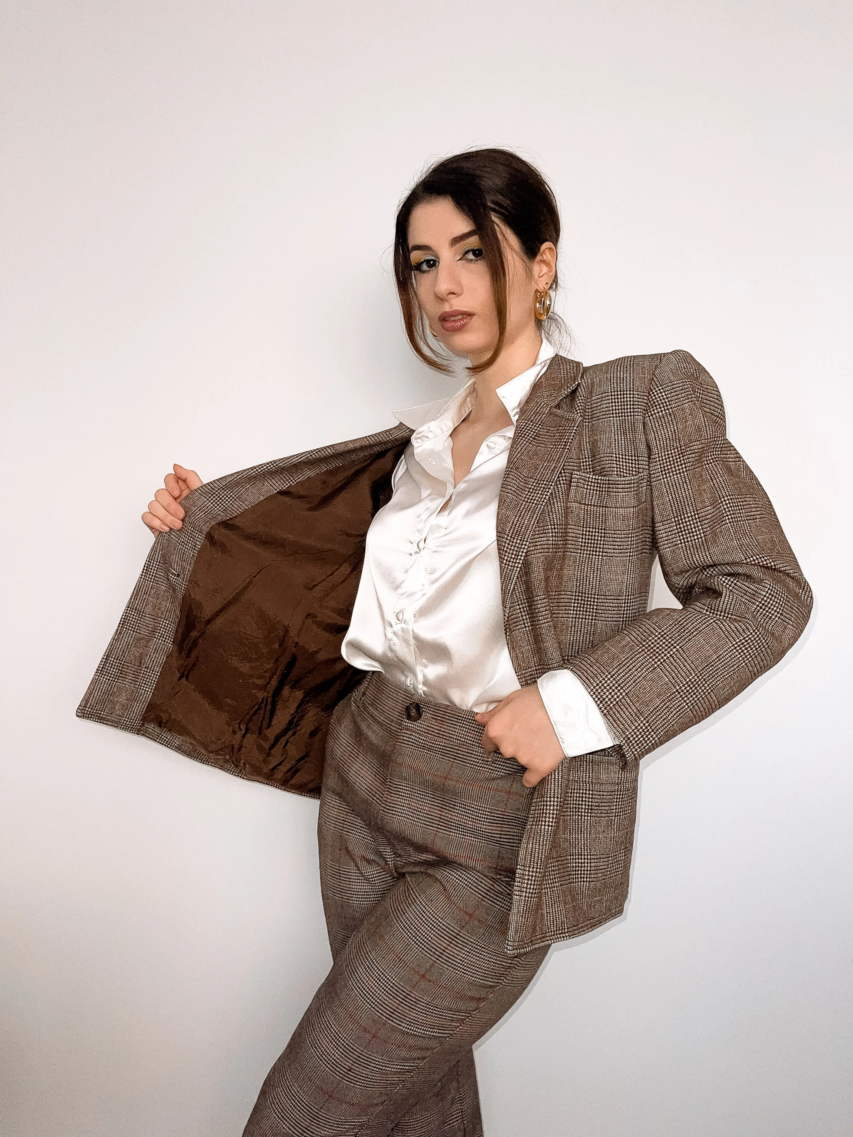 Plaid Structured Blazer with Shoulder Pads Brown