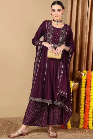 Plus Size Purple Silk Blend Solid Anarkali Style Suit Set