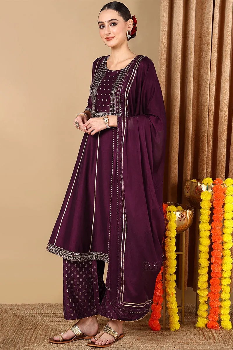 Plus Size Purple Silk Blend Solid Anarkali Style Suit Set