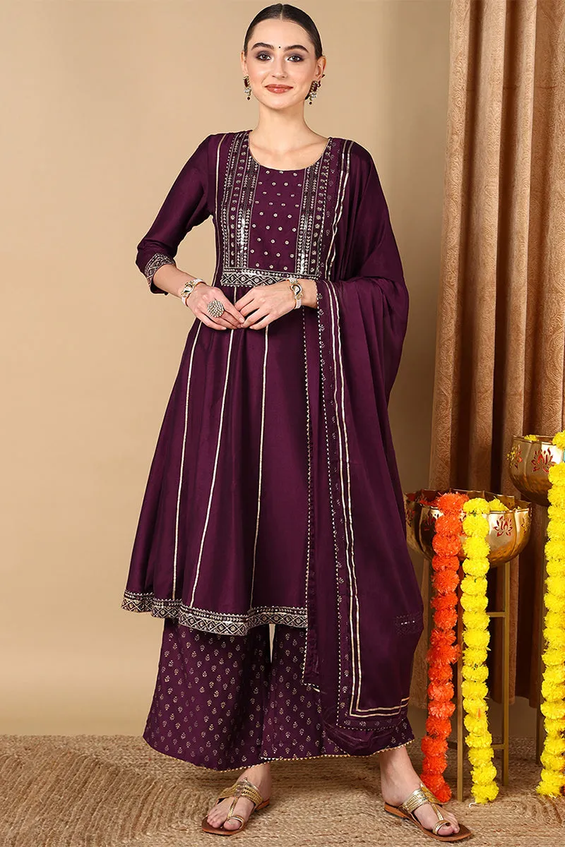 Plus Size Purple Silk Blend Solid Anarkali Style Suit Set