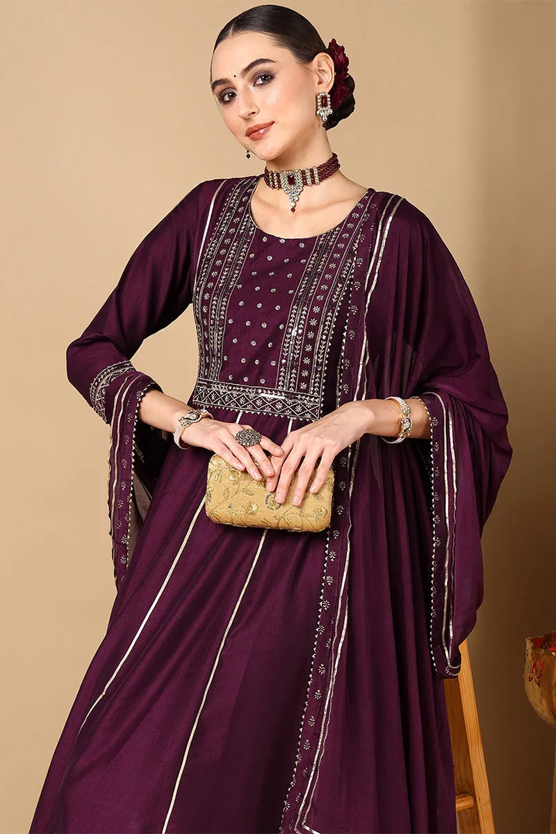 Purple Silk Blend Embroidered Anarkali Suit Set