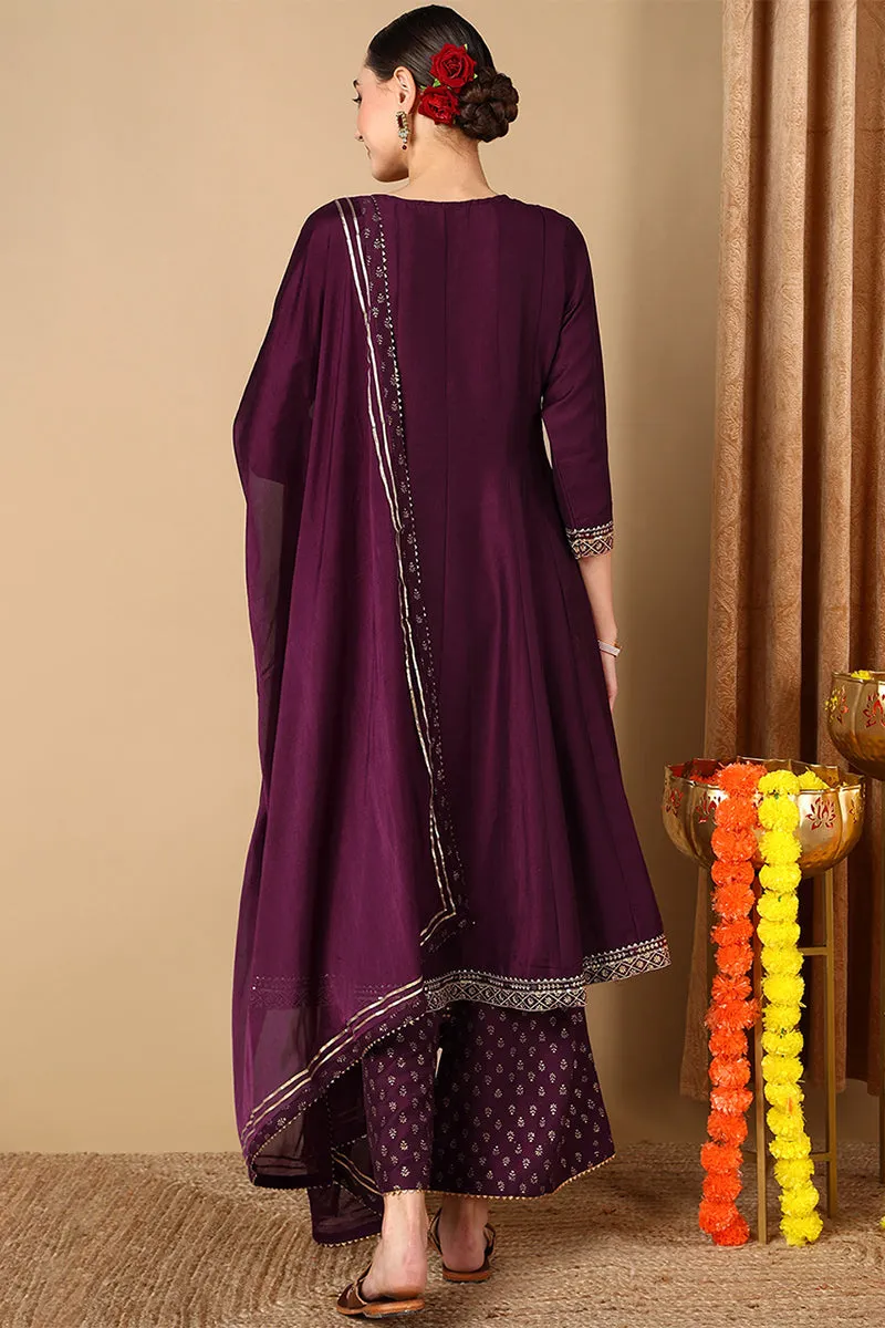 Purple Silk Blend Embroidered Anarkali Suit Set