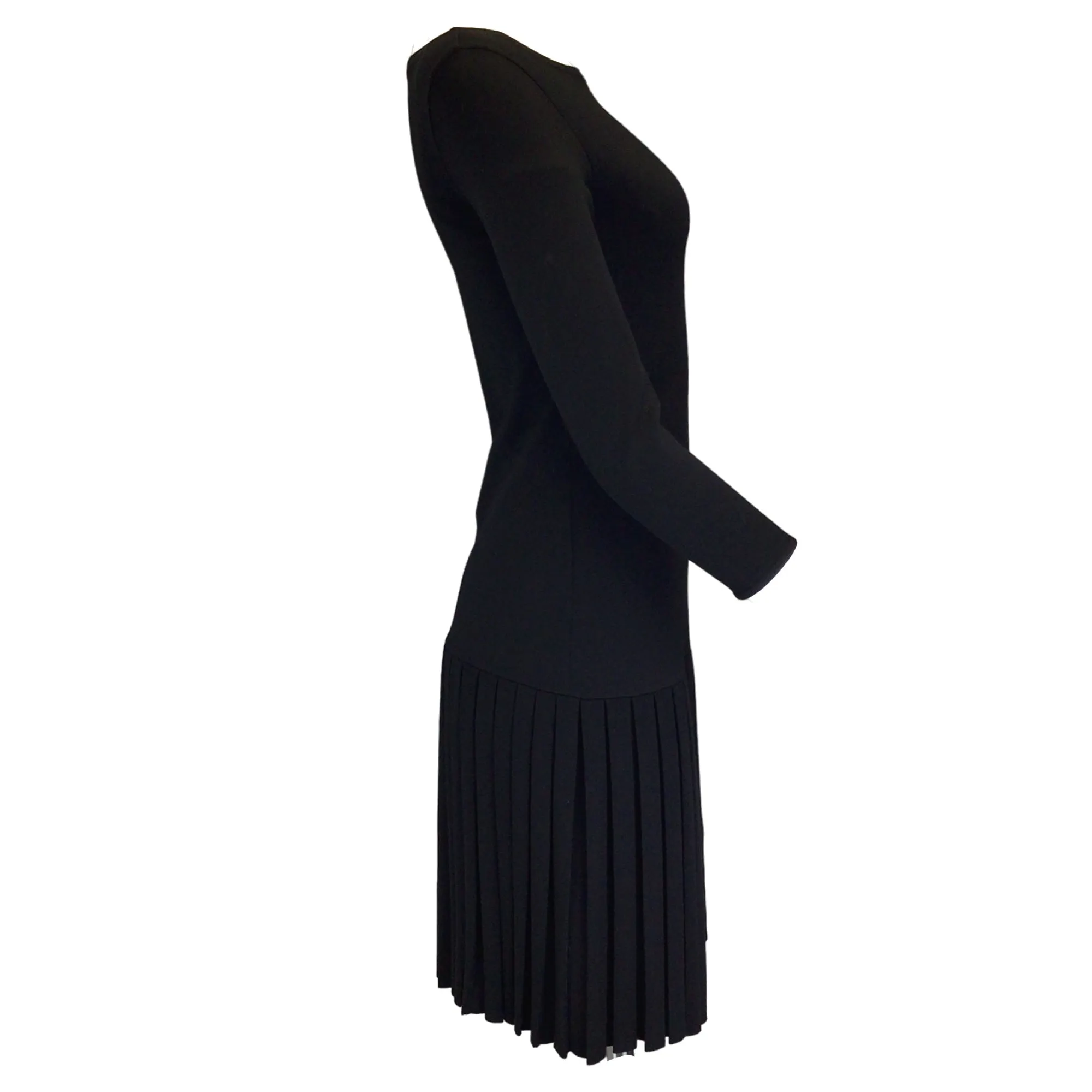 Ralph Lauren Collection Black Pleated Long Sleeved Merino Wool Knit Dress