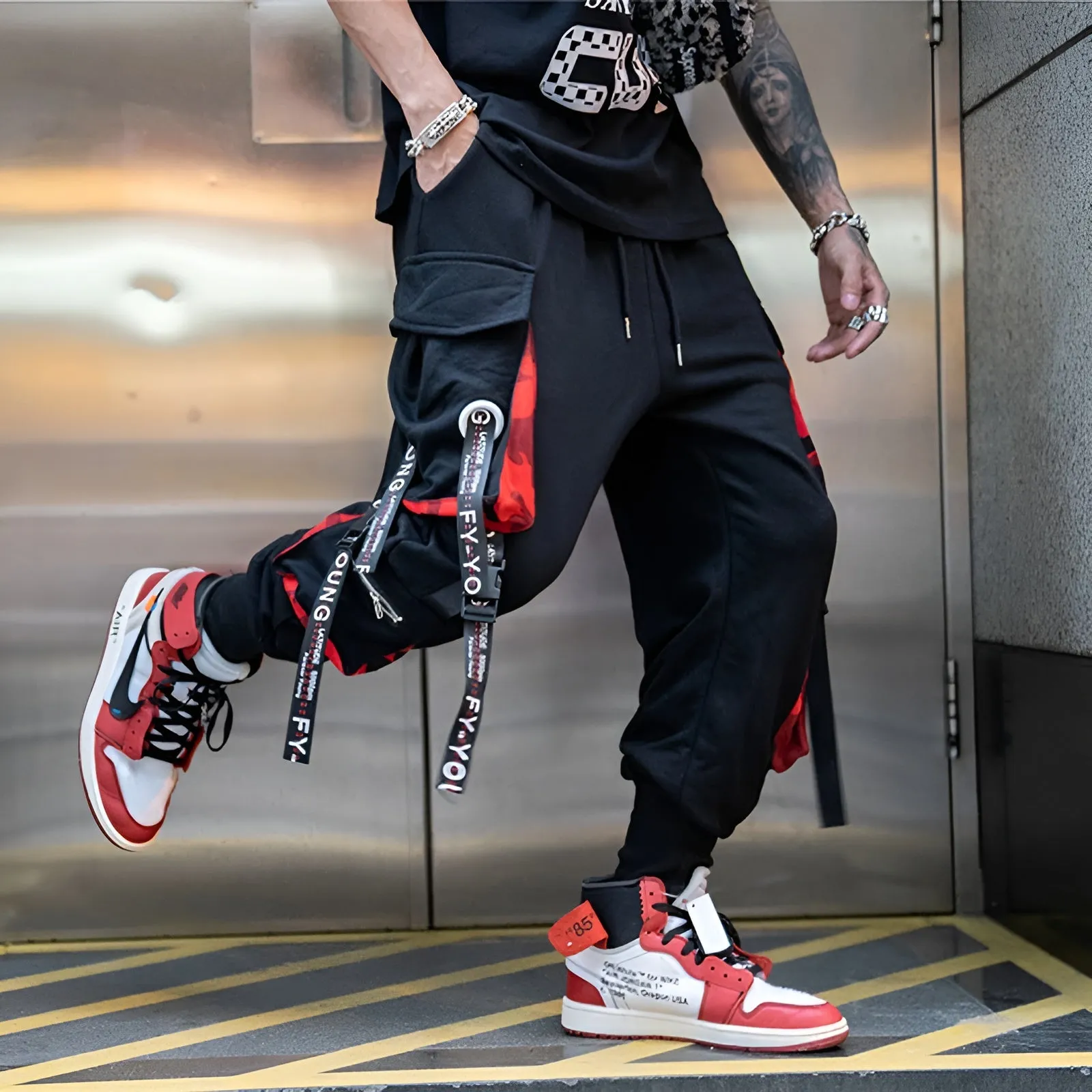 Red And Black Techwear Pants