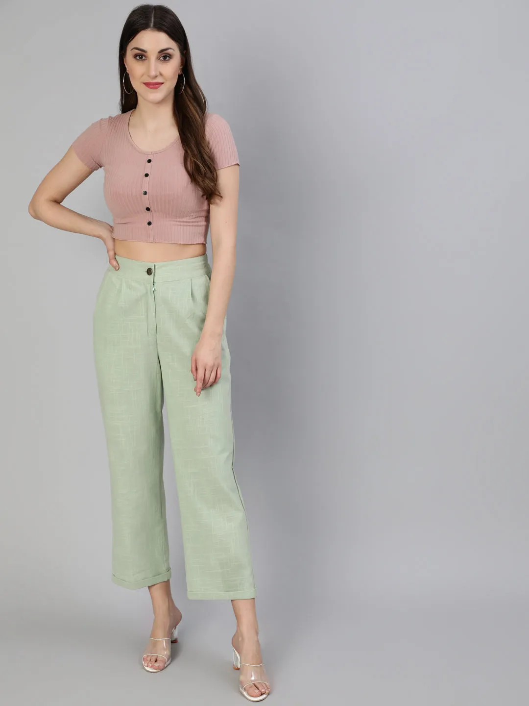 Reseda Cotton Slub Straight High Rise Bottom Fold Pants