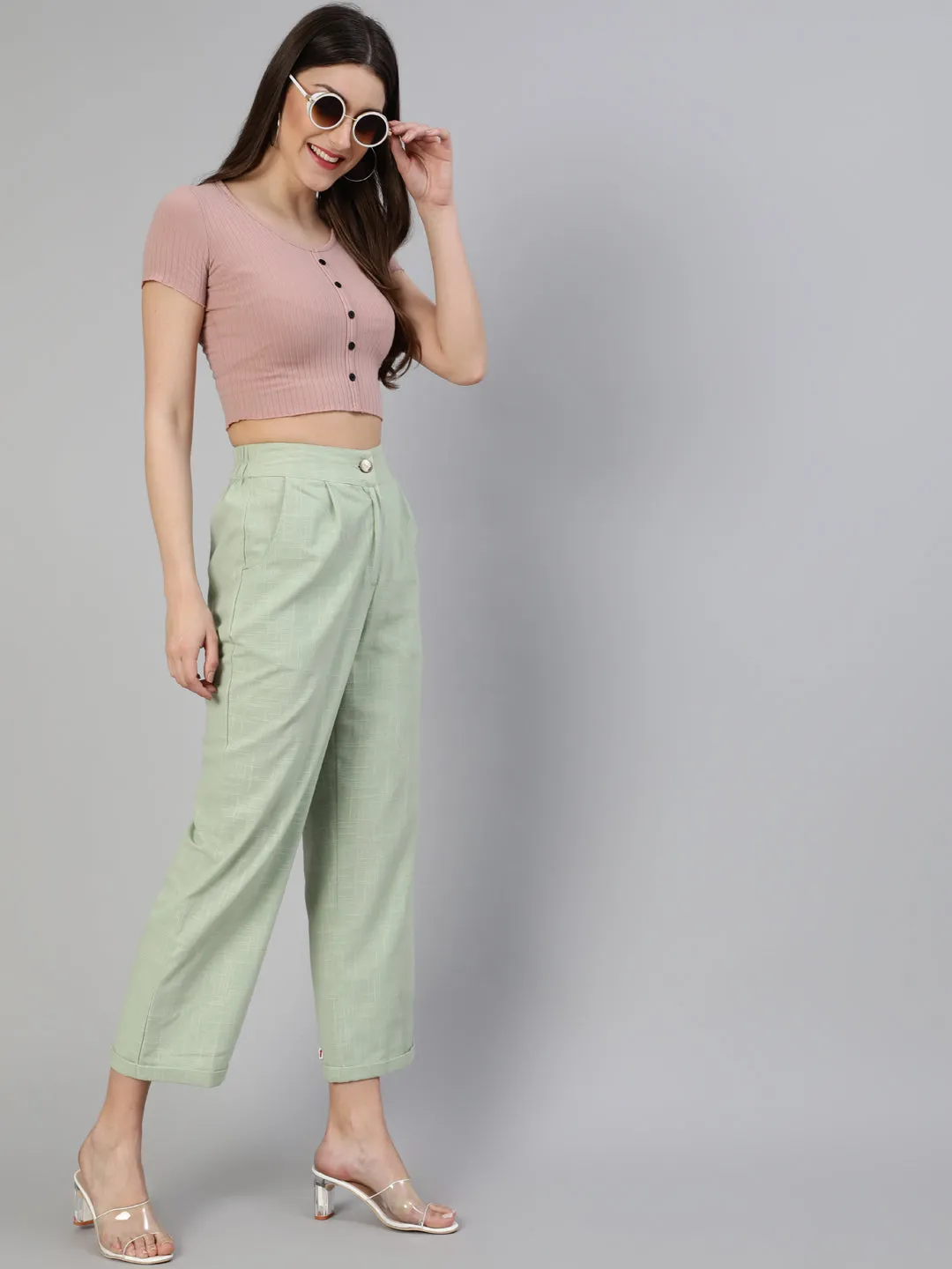 Reseda Cotton Slub Straight High Rise Bottom Fold Pants