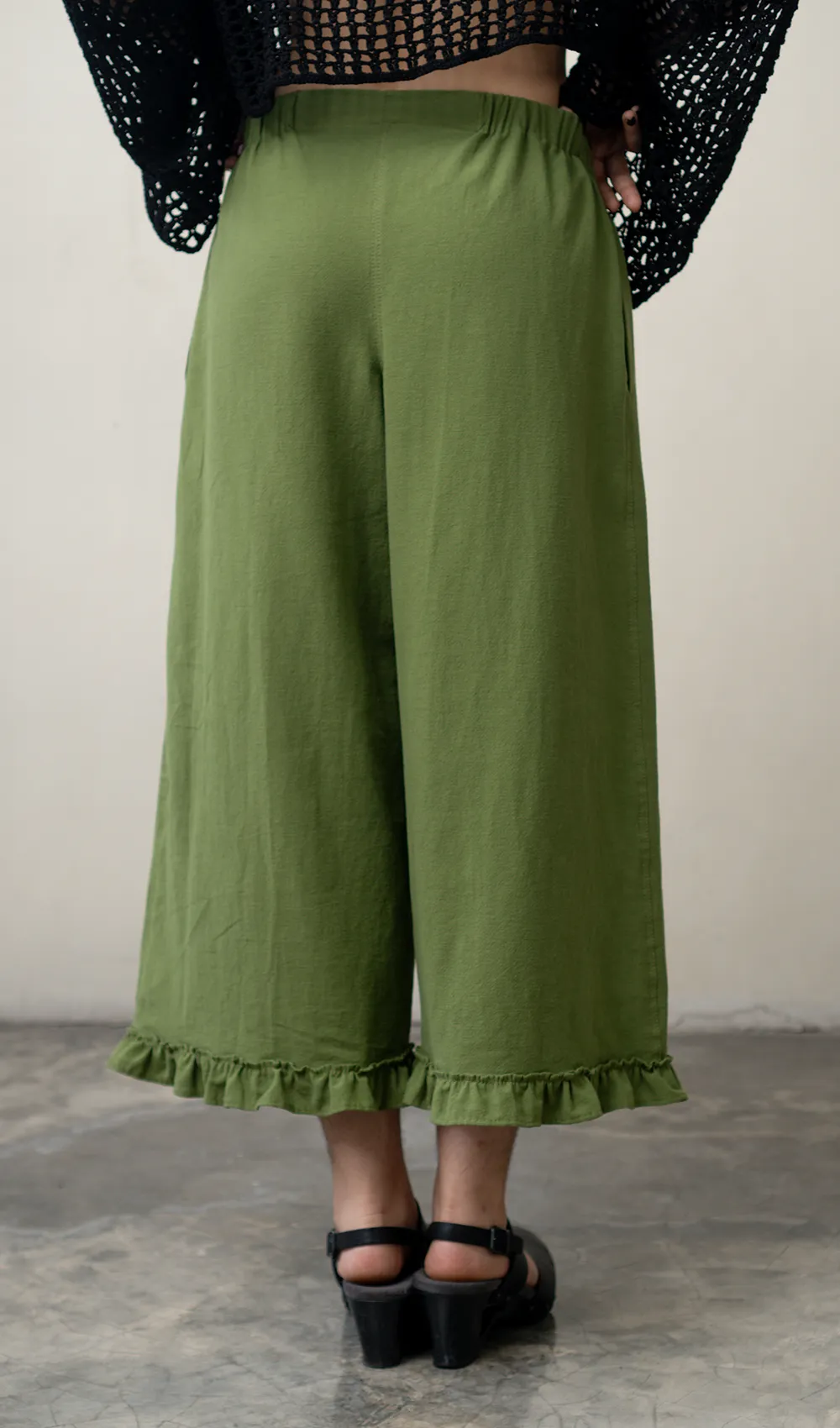 Ruffled Pants Cotton Linen Green, 3 Sizes