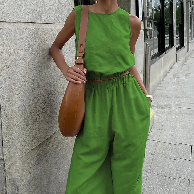 Sleeveless O-neck Blouse Tops High Waist Pants Split High Street Cotton Linen Elegant Solid Lady Set