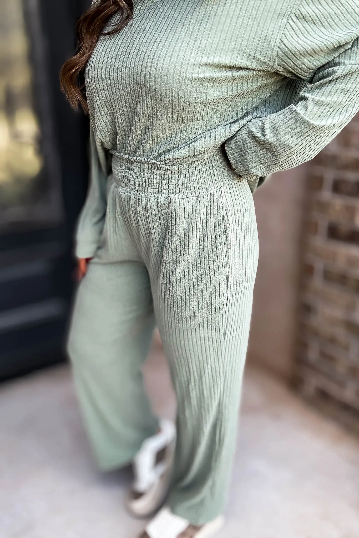 Smocked Waistband Ribbed Wide Leg Sage Pants