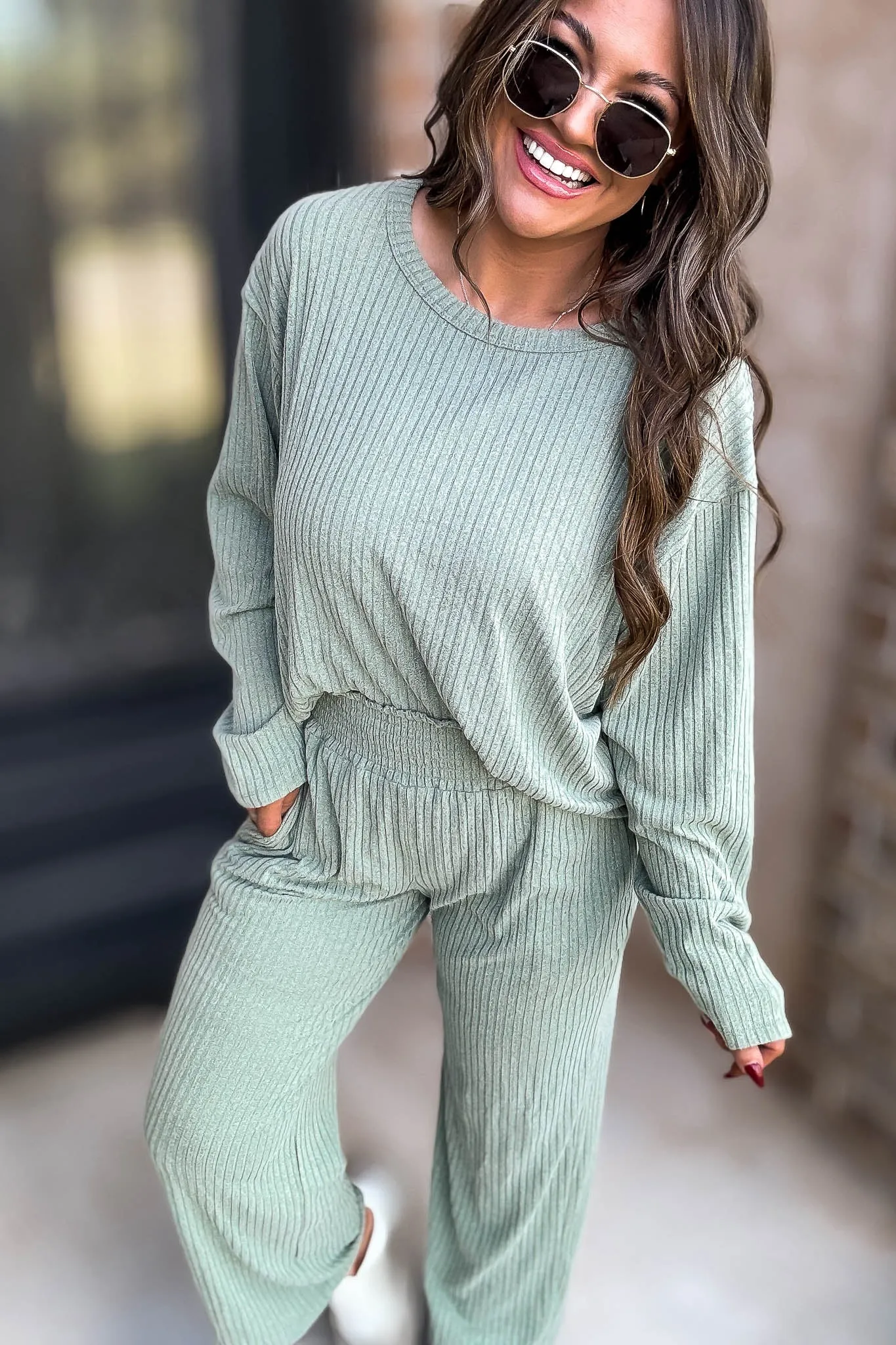 Smocked Waistband Ribbed Wide Leg Sage Pants