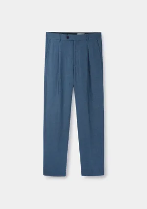 Steel Blue Cotton Linen High-Waisted Pleated Trousers