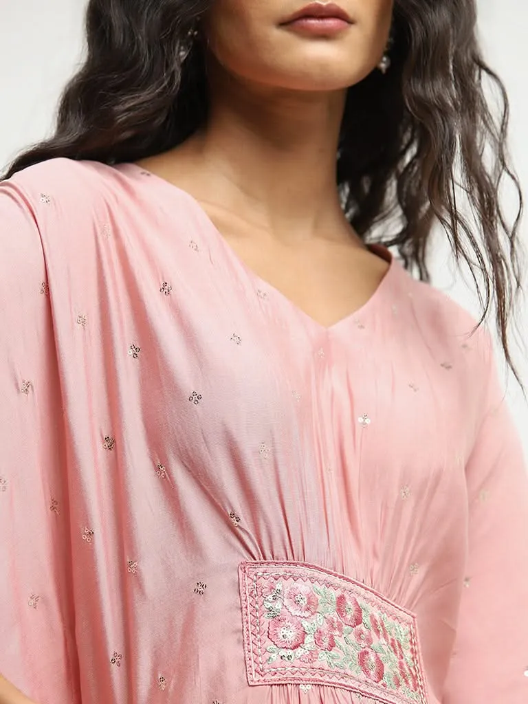 Vark Pink Floral Embroidered Kaftan and Mid-Rise Ethnic Pants Set