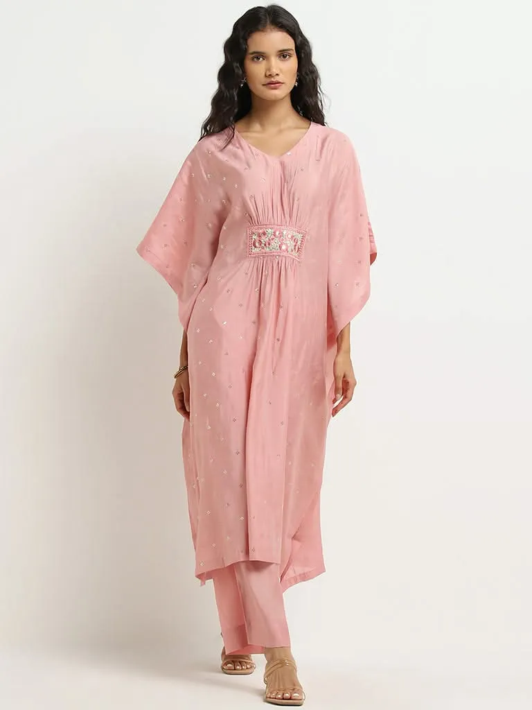 Vark Pink Floral Embroidered Kaftan and Mid-Rise Ethnic Pants Set