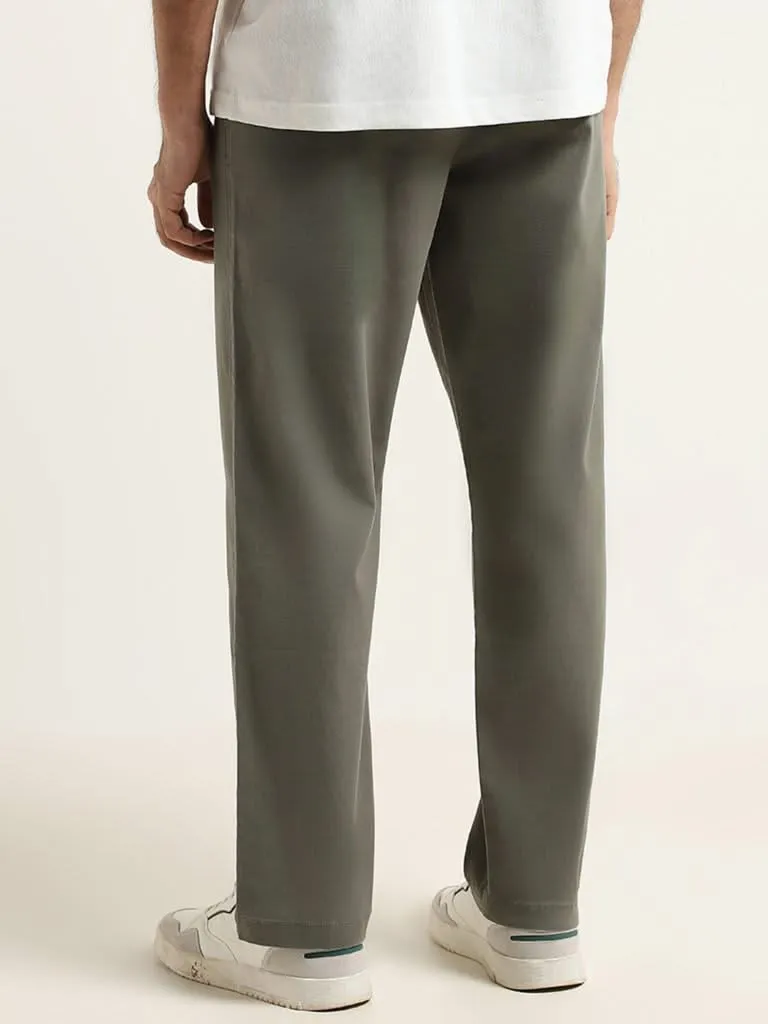 WES Casuals Olive Cotton Plain Relaxed Fit Pants