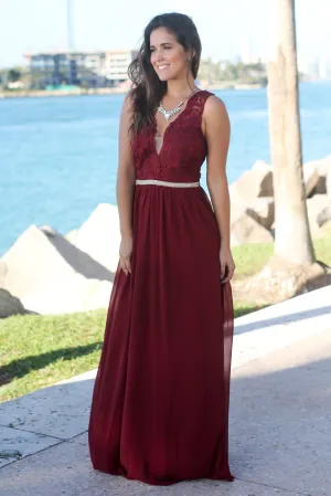 Wine Maxi Dress with Gold Waist Detail