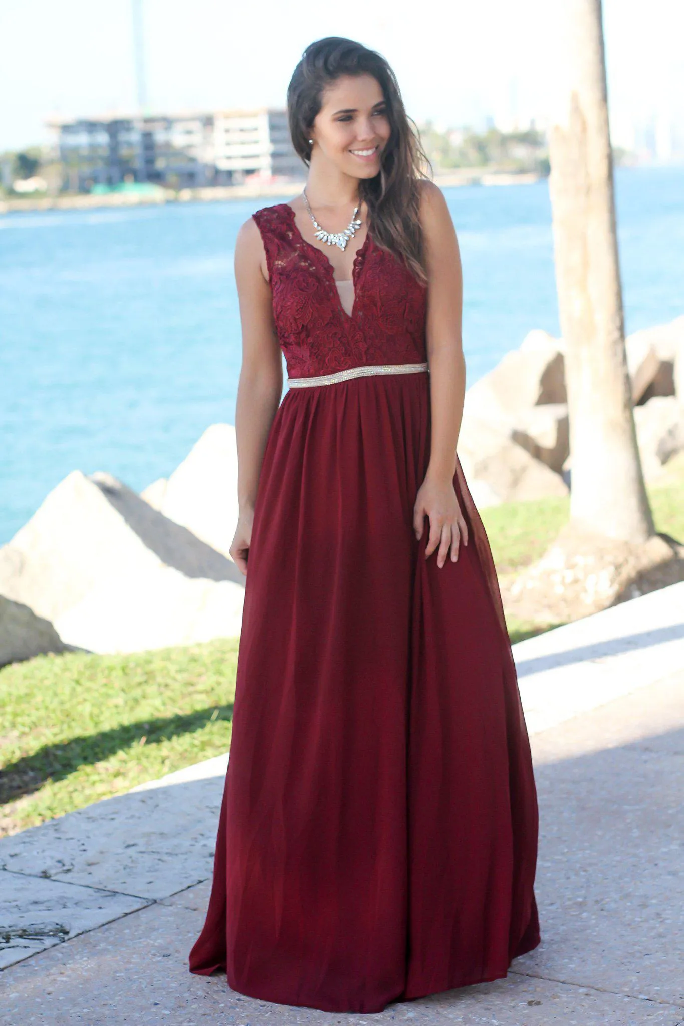 Wine Maxi Dress with Gold Waist Detail