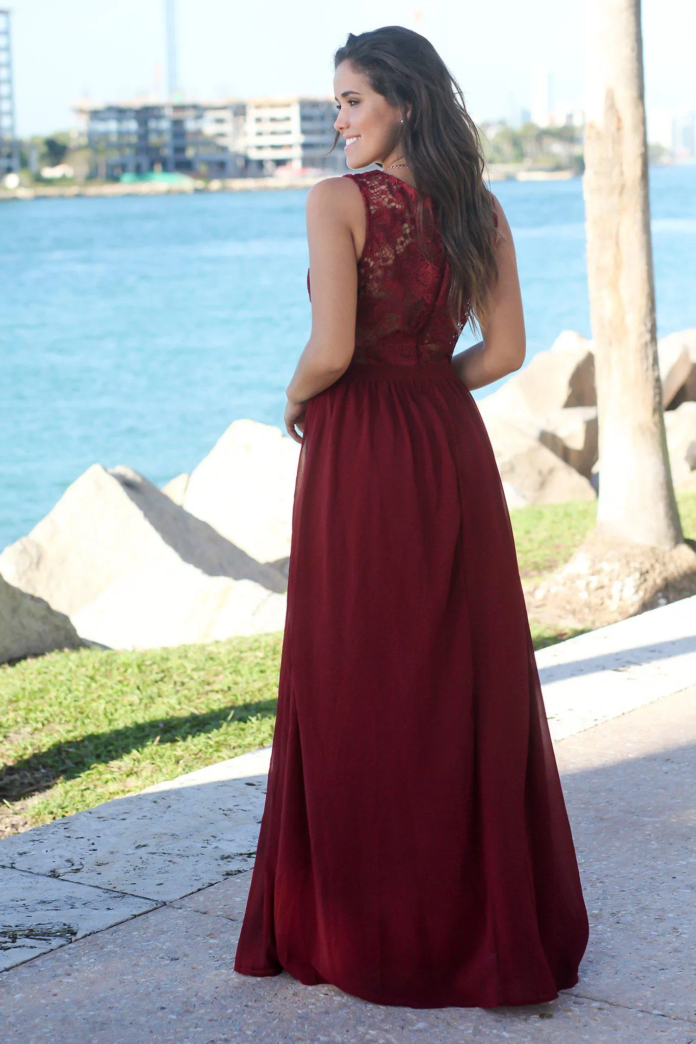 Wine Maxi Dress with Gold Waist Detail