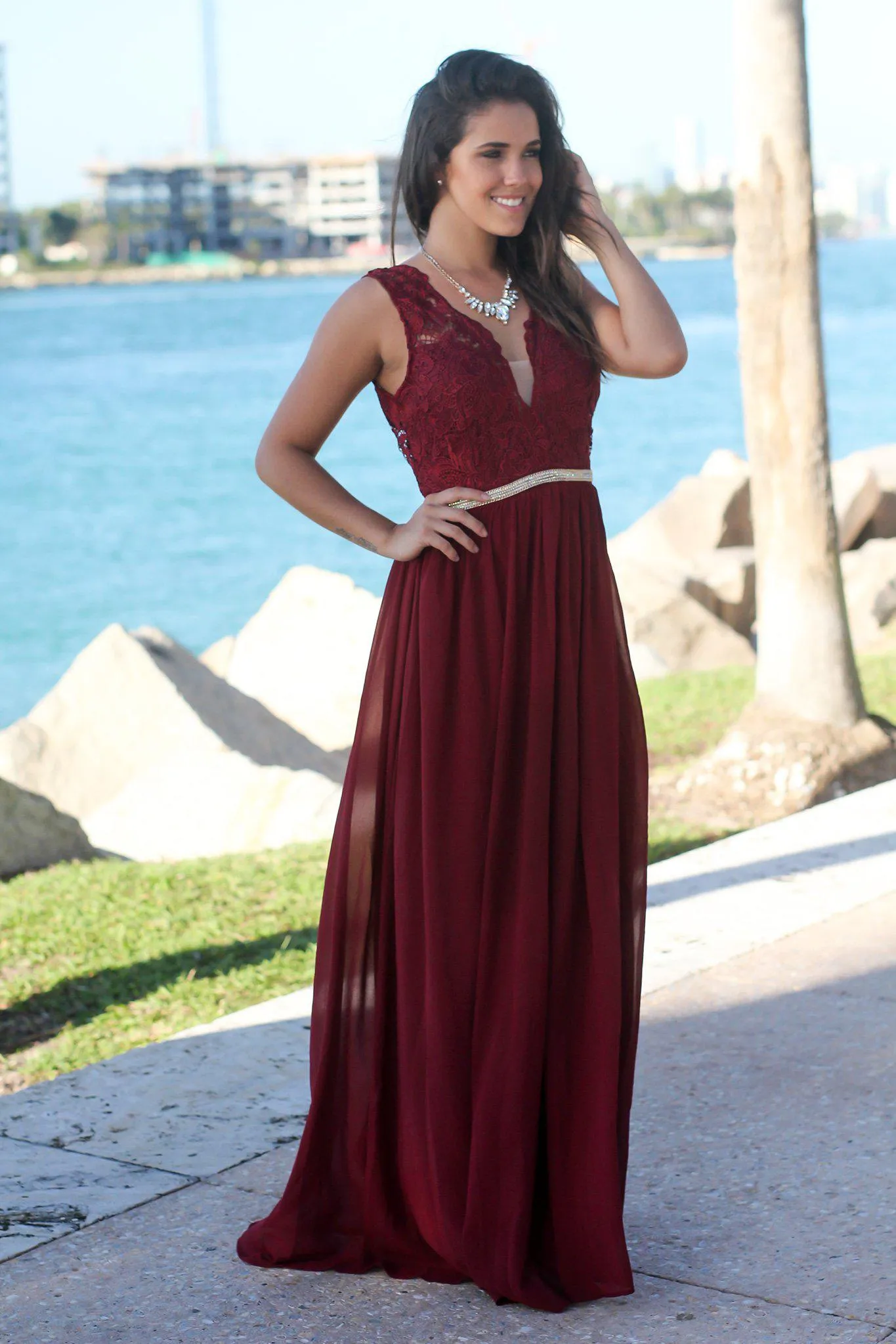 Wine Maxi Dress with Gold Waist Detail