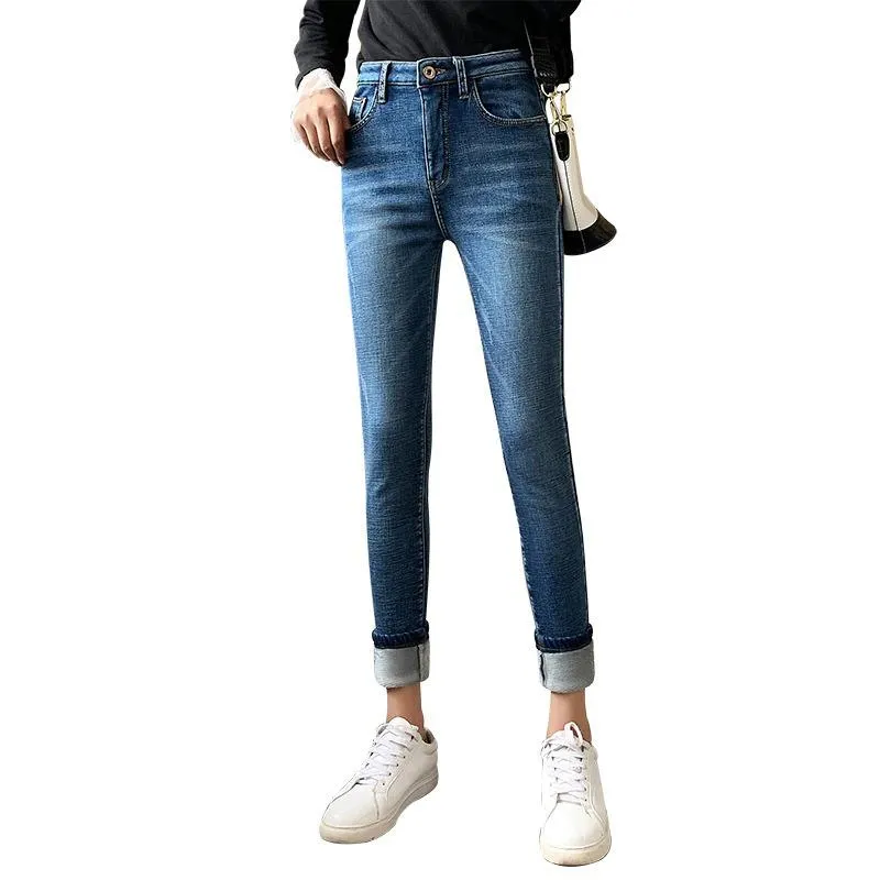 Winter Thick Velvet Women High Waist Skinny Jeans Simple Slim Fit