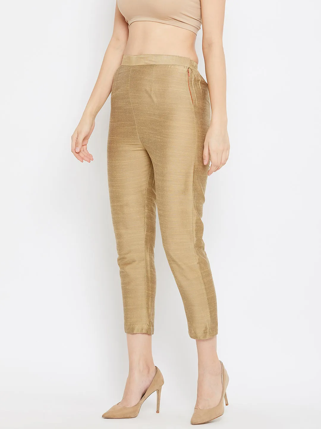 Women Brown Solid Silk Trouser