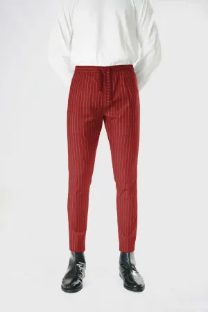 Wool Drawstring Pants in Red Pinstripe